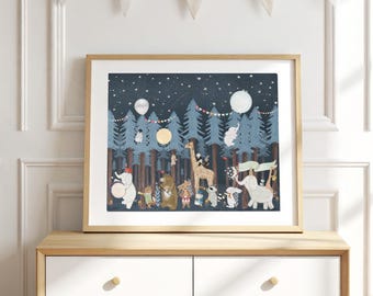 May include: A framed art print featuring a dark blue night sky with stars and a full moon above a forest of blue and brown trees. Various animals including elephants, a giraffe, a bear, and a rabbit are depicted playing musical instruments.