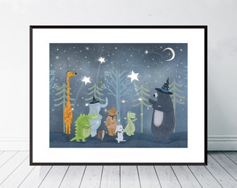 Magic Stars. nursery art, children's picture, neutral nursery art, baby nursery, children's wall art, woodland theme, magical theme.