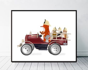 Little Brigade. Nursery art, Fire engine, Children's wall art, Children's picture, Fire truck print, Adventure wall art, Woodland animals