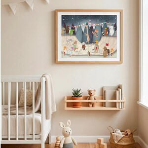May include: A framed wall art print featuring a whimsical illustration of various animals at a skatepark under a starry night sky. The scene includes a giraffe, panda, bear, and other creatures with colorful bunting flags against dark mountain silhouettes.