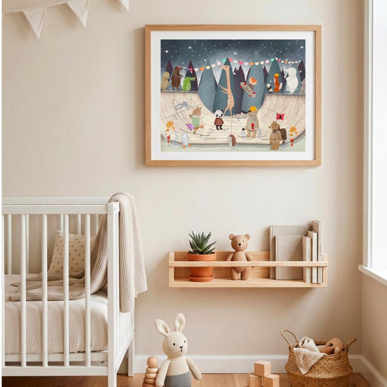 May include: A framed wall art print featuring a whimsical illustration of various animals at a skatepark under a starry night sky. The scene includes a giraffe, panda, bear, and other creatures with colorful bunting flags against dark mountain silhouettes.