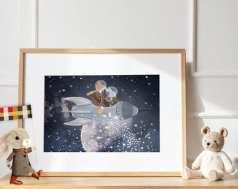 Creating stars Nursery Print, Woodland Forest Animals Wall Art, Kids Room Decor
