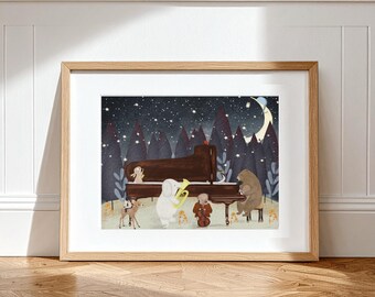 May include: A framed art print featuring a brown grand piano in a forest at night. Animals including a bear, elephant, and deer are playing musical instruments like a tuba and cello under a starry sky with a crescent moon.