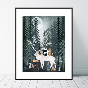 The White Guardian Deer. Nursery art, Woodland nursery print, Childrens wall art, Neutral nursery art, Baby nursery decor, Woodland animals