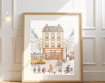 A Wondrous Library, Woodland Animal Nursery Print, Whimsical Kids Room Wall Art