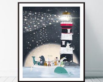 The Star Lighthouse. Nursery art, Children's wall art, Adventure theme, Nautical art, Children's picture, Nursery prints, Whimsical wall art