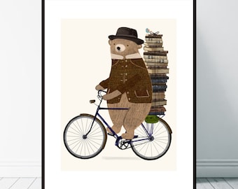 An Educated Bear. Childrens wall art, Nursery art prints, Book illustrations, Neutral nursery art, Bicycle wall art, Woodland nursery.