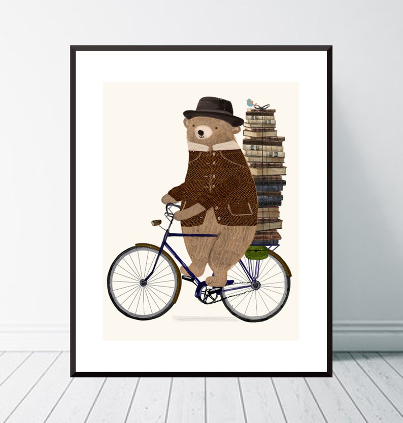 An Educated Bear. Childrens wall art, Nursery art prints, Book illustrations, Neutral nursery art, Bicycle wall art, Woodland nursery. image 1