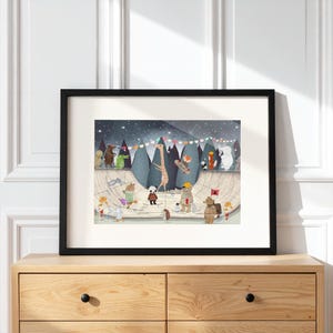 May include: A framed art print featuring a whimsical illustration of various animals at a skate park. The scene includes a giraffe, panda, bear, and other creatures on skateboards against a backdrop of dark trees and a starry night sky.