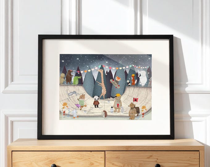 Little Skate Park nursery Print, Woodland Animal Skate & Surf Decor, Whimsical Wall Art