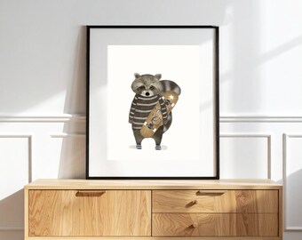 Skate Raccoon nursery Print, Woodland Animal Skate & Surf Decor, Whimsical Wall Art