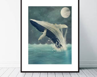 night swimming.blue whale print.nature wall art.neutral nursery art.childrens wall art.nature art print.ocean and sea.nautical wall art