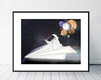 Space Sailing. Astronaut wall art, Solar system print, Solar system poster, Solar system art, Space posters, Nursery solar system print.