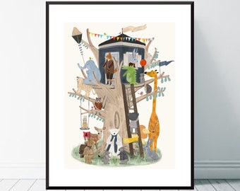 Little Playhouse. Nursery art, Childrens wall art, Woodland theme, Adventure theme, Neutral nursery art, Woodland animals print