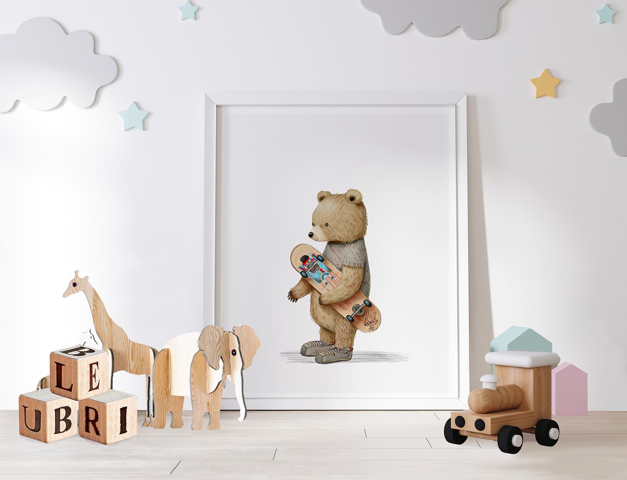 Fritz Bear Skateboarding Art Print: Whimsical Nursery Decor