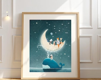 The Whale Moon Nursery Print, Woodland Forest Animals Wall Art, Kids Room Decor