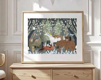 Little Moon Wood Nursery Print, Kids Room Art, Woodland Animal Print, Baby Shower Gift
