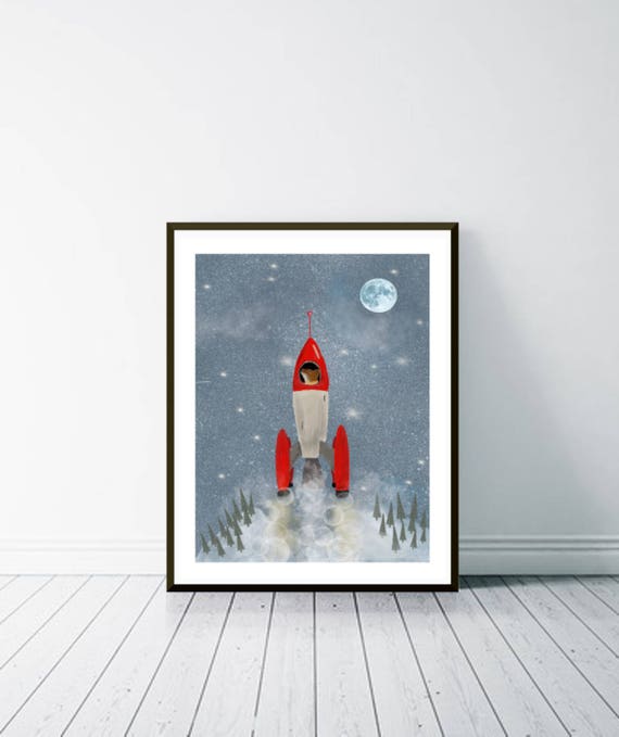 mr fox goes to the moon.space travel art.rocketships.adventure | Etsy