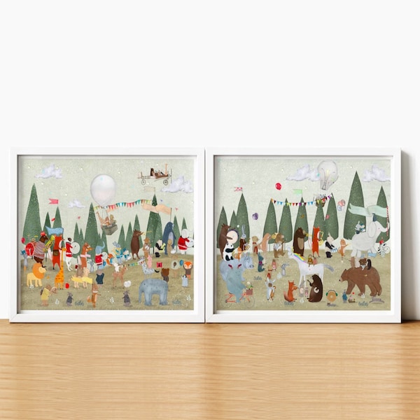 The Wondrous Parade Nursery Prints, Kids Room Wall Art, Woodland Animal Print, Baby Shower Gift
