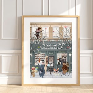 The Wondrous Little Book Store print , Woodland Animal Nursery art, Whimsical Kids Room Wall decor.