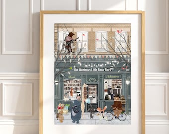 The Wondrous Little Book Store. Woodland Animal Nursery Print, Whimsical Kids Room Wall Art