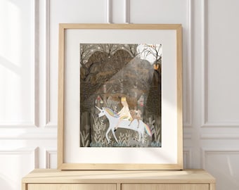 Rainbow Princess Unicorn Art Print, Girls Nursery Decor, Woodland Kids Room,