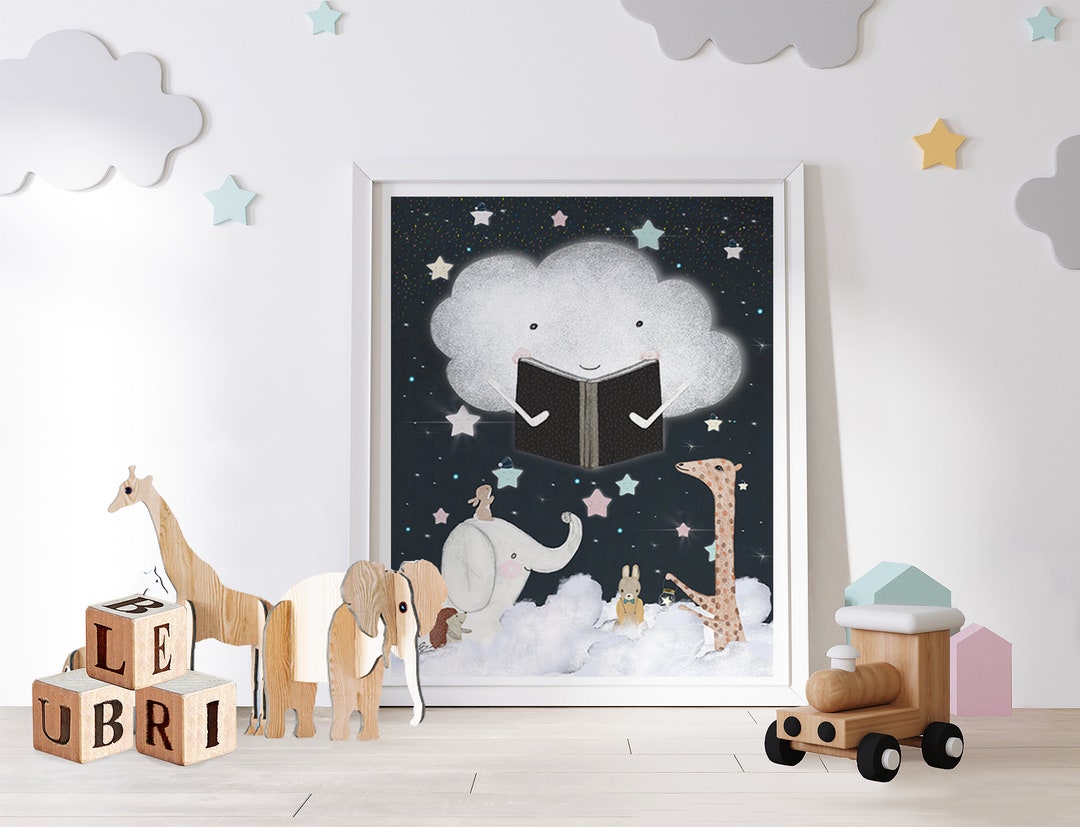 Cloud Story. Nursery Wall Art, Moon and Stars Theme, Reading Theme