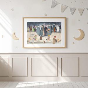 May include: A framed horizontal wall art print featuring a whimsical illustration of various animals, including a giraffe, panda, and bear, skateboarding in a skate park under a starry night sky with colorful bunting flags hanging above.