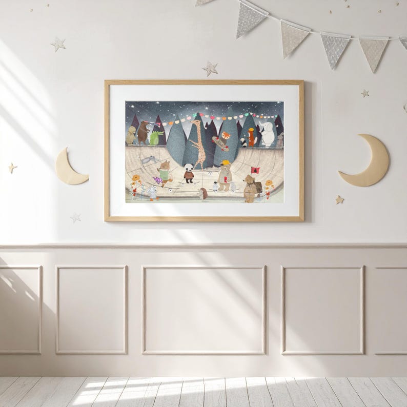 May include: A framed horizontal wall art print featuring a whimsical illustration of various animals, including a giraffe, panda, and bear, skateboarding in a skate park under a starry night sky with colorful bunting flags hanging above.