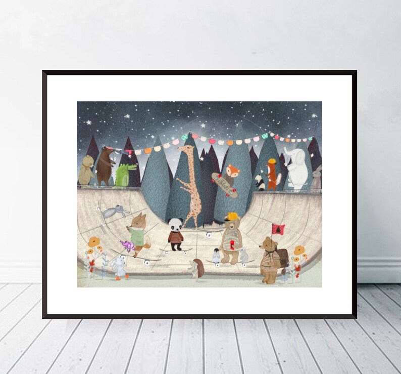 Little Skate Park nursery Print, Woodland Animal Skate & Surf Decor, Whimsical Wall Art image 2