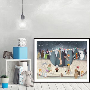 May include: A framed wall art print featuring a whimsical illustration of various animals skateboarding in a park at night. The scene includes a giraffe, panda, bear, and other creatures under a starry sky with colorful bunting flags hanging above.