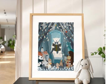 the storybook Nursery Print, Kids Room Wall Art, Woodland Animal Print, Baby Shower Gift