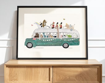 Adventure Bus. Woodland Animals Nursery Print – Kids Room Wall Art Decor