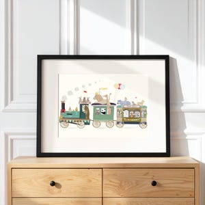 Decoración de pared para habitación infantil con un pequeño tren de la naturaleza: impresión de animales del bosque para habitación infantil