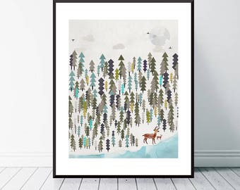 The Winter Forest. Nursery art, Nature wall art, WoodLand theme, Children's picture, Children's wall art, Whimsical wall art, Giclee prints