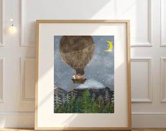 Fox & Hedgehog balloon print, Woodland Animal Wall Art, Whimsical Nursery Room Prints