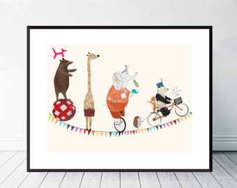 Le Cirque Animal. Nursery art, Circus theme, Children's wall art, Neutral nursery art, Children's picture, Woodland theme, Adventure theme,