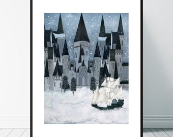 The Sky Wizards Castle. Children's wall art, Wizards and magic theme, Nursery art, Baby nursery decor, Neutral nursery art, Nature wall art.