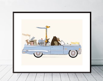 A little Road Trip Nursery Print, Woodland Forest Animals Wall Art, Kids Room Decor
