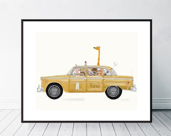 Little Yellow Taxi. Nursery art, Woodland animals, Children's wall art, Adventure theme, Cute illustrations, Nursery art, Baby nursery print