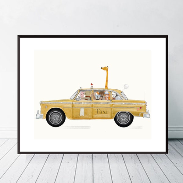 Little Yellow Taxi. Nursery art, Woodland animals, Children's wall art, Adventure theme, Cute illustrations, Nursery art, Baby nursery print