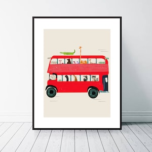 The big red bus. London bus, Nursery animals, Nursery art, Children's wall art, Neutral nursery art, Woodland animals, Baby nursery print