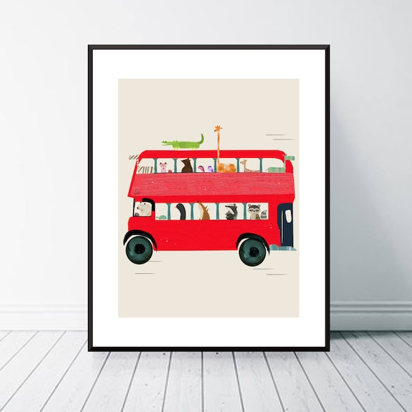 The big red bus. London bus, Nursery animals, Nursery art, Children's wall art, Neutral nursery art, Woodland animals, Baby nursery print