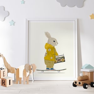 Skate Bunny. Nursery art, Children&#39;s wall art, Cute illustrations, Skateboarding wall art, Children&#39;s picture, Baby nursery art prints