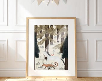 Fox and Unicorn Nursery Print, Woodland Forest Animals Wall Art, Kids Room Decor