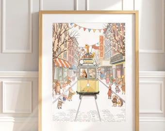 Little broadway Woodland Animal Nursery Print, Whimsical Kids Room Wall Art