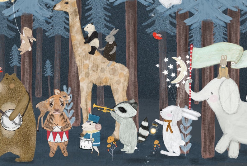 The Twilight Parade. Nursery art, Nursery wall art, Children's wall art, Baby nursery print, Woodland nursery art, Woodland animals print image 2