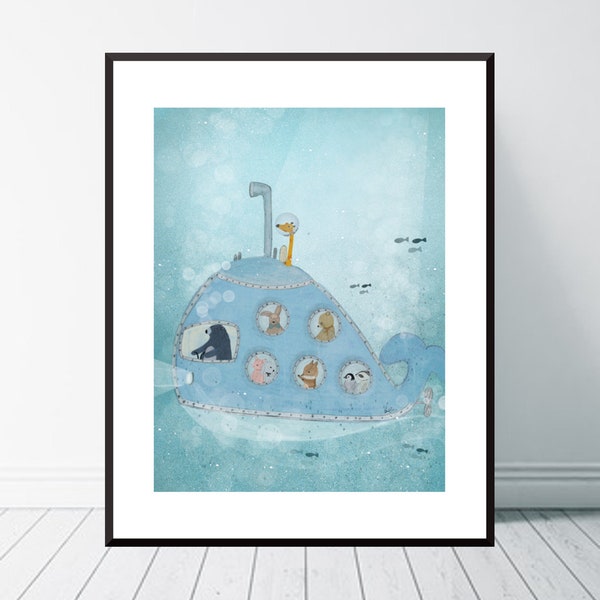 The Whale Submarine. Nursery art, Neutral nursery art, Nursery Print, Children's Picture, Whales wall art, Woodland nursery, Baby nursery