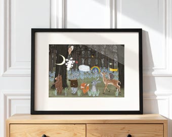 Little Seasons Parade Nursery Print, Woodland Animals Wall Art, whimsical Kids Room Decor