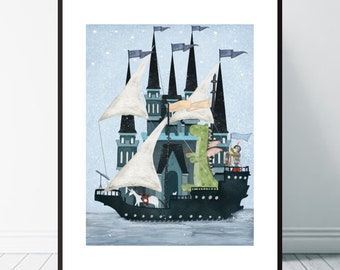 The Magical Castle Ship. Nursery art, Knights and dragons, Children's wall art, Boys nursery print, Boys adventure nursery, Magic castle art